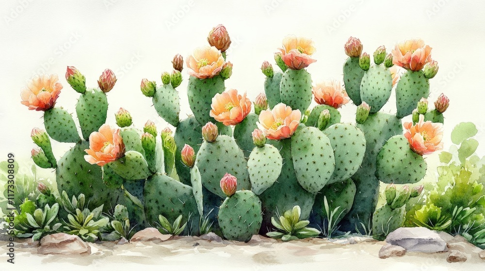 Watercolor painting of prickly pear cacti in bloom, showcasing vibrant orange flowers and green pads against a light background. Watercolor painting of prickly pear cacti in bloom, showcasing vibrant orange flowers and green pads against a light background.