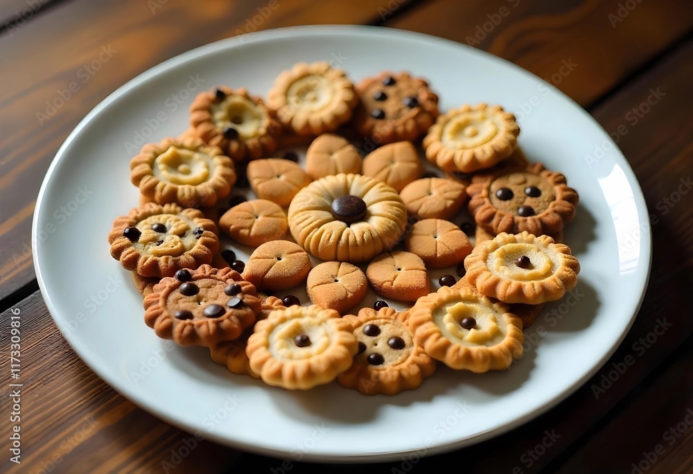 Delicate Array of Freshly Baked Cookies Displayed Elegantly on a White Plate Delicate Array of Freshly Baked Cookies Displayed Elegantly on a White Plate