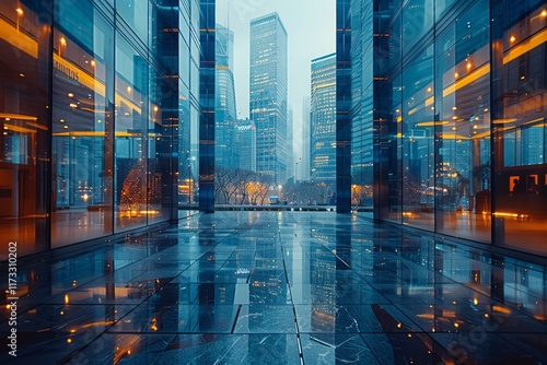 A city skyline reflected in the glass panels of a modern building. AI generative. .