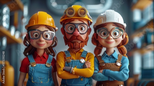 Three cartoon construction workers, wearing hard hats and overalls, stand together with arms crossed. AI generative. .