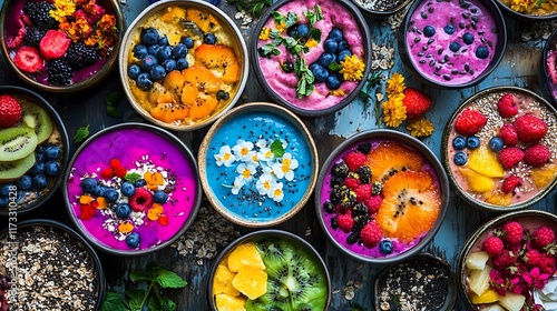 Health-focused smoothie bowls with a variety of vibrant fruits and artistic toppings, creating a visually stunning presentation photo