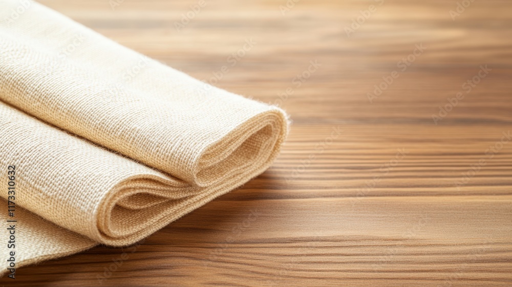 Elegant Pair of Linen Fabric Swatches on Rustic Wooden Table Bathed in Natural Light Showcasing Rich Textures and Organic Aesthetic Appeal Elegant Pair of Linen Fabric Swatches on Rustic Wooden Table Bathed in Natural Light Showcasing Rich Textures and Organic Aesthetic Appeal