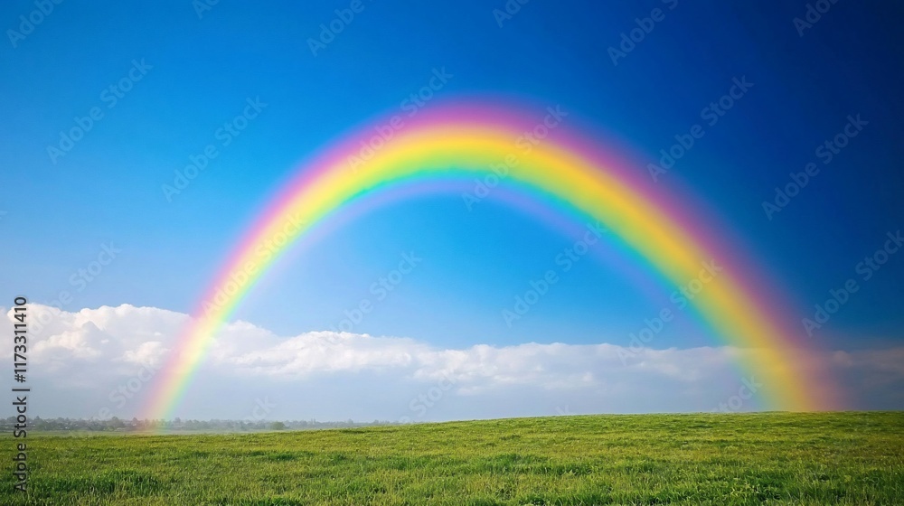 A vibrant rainbow arches over a lush green field with a blue sky and fluffy white clouds in the background. A vibrant rainbow arches over a lush green field with a blue sky and fluffy white clouds in the background.