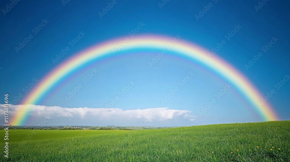 A vibrant rainbow arches over a rolling green field under a bright blue sky with fluffy white clouds. A vibrant rainbow arches over a rolling green field under a bright blue sky with fluffy white clouds.