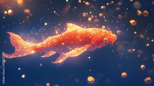 A glowing Koi fish swims through the air as though it's water, surrounded by floating glowing bubbles and sparkles against a twilight sky. photo