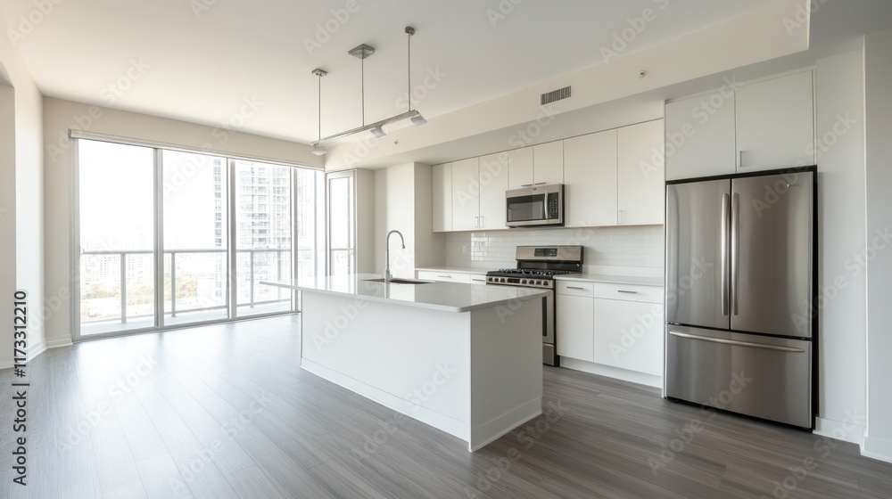 Modern kitchen and living space with large windows and sleek appliances. Modern kitchen and living space with large windows and sleek appliances.