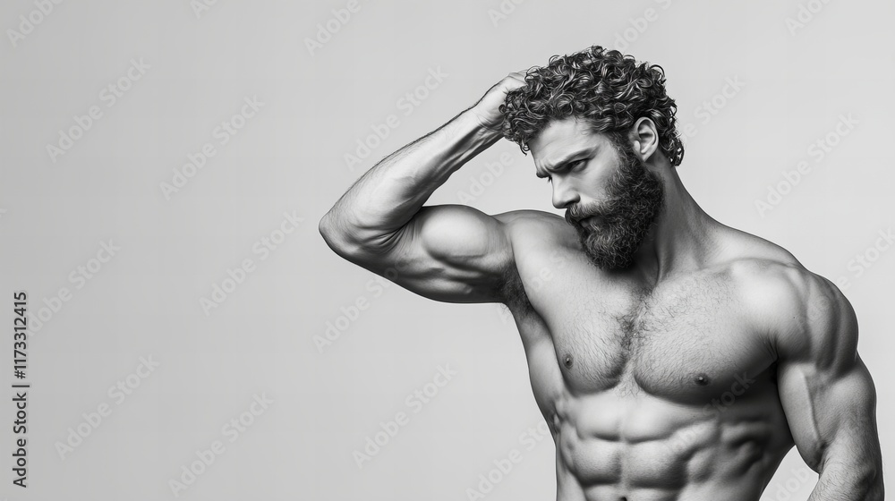 Fototapeta premium Strong, muscular man with a beard, posing against a gray background. Black and white photography.