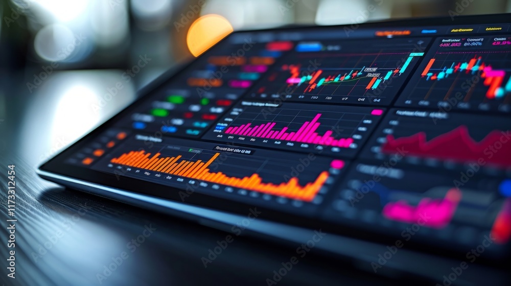 A close-up of a tablet displaying colorful financial charts and data. AI generative. . A close-up of a tablet displaying colorful financial charts and data. AI generative. .