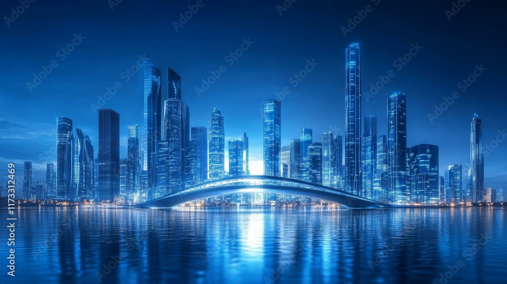 Fototapeta premium Futuristic City Skyline at Night with Illuminated Buildings