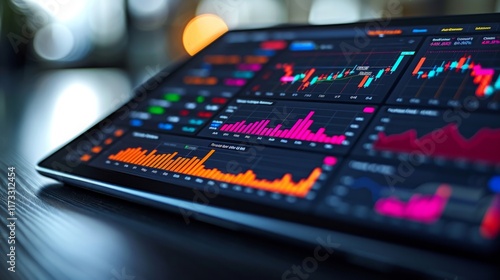 A close-up of a tablet displaying colorful financial charts and data. AI generative. .