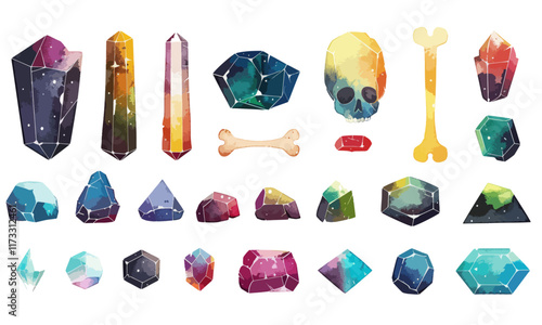 Gemsone crystal set, geometry, bones, skull, geometric shapes, colorful geometric shapes, rainbow colors, design. Vector isolated on transparent background