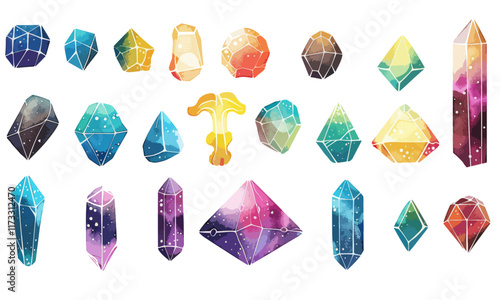 Gemsone crystal set, geometry, geometric shapes, colorful geometric shapes, rainbow colors, design. Vector isolated on transparent background