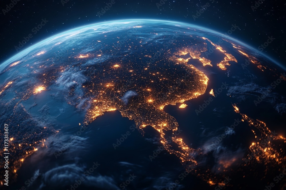 Fototapeta premium A night view of Korea from space, with city lights glowing in urban areas and dark spaces highlighting rural regions