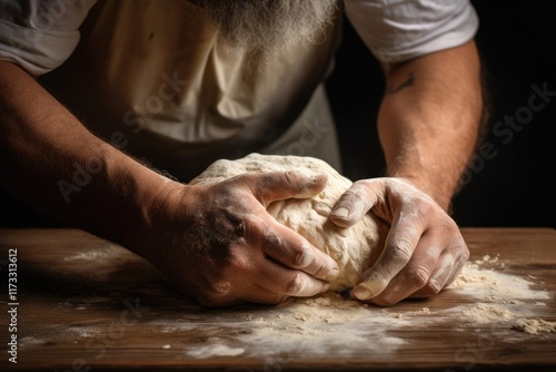 Closeup of baker kneading dough on wooden table. Traditional baking process. Culinary and cooking concept. Homemade pastry, bread, bakery.  photo