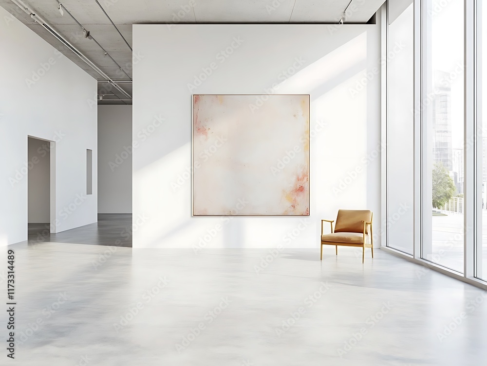 Minimalist Art Gallery with Abstract Paintings Displayed in a Modern Exhibition Setting Featuring a Visitor Admiring a Vibrant Artwork Minimalist Art Gallery with Abstract Paintings Displayed in a Modern Exhibition Setting Featuring a Visitor Admiring a Vibrant Artwork