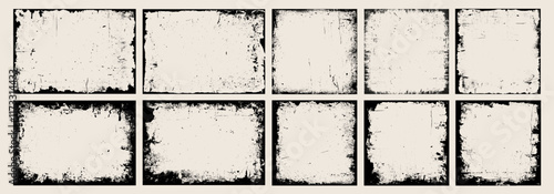 Retro grunge frame silhouette, distressed overlay texture, photo collage, dirty ink paint brush stroke pattern, torn paper background, banner and watercolor border set for social media business. Cover