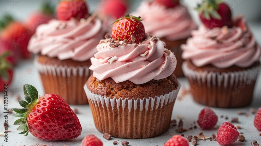 Pink frosted cupcakes with chocolate sprinkles and fresh strawberries. AI generative. . Pink frosted cupcakes with chocolate sprinkles and fresh strawberries. AI generative. .