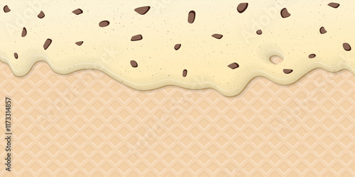 Melted chocolate chip ice cream drop on ice cream cone texture background graphic illustration have blank space.