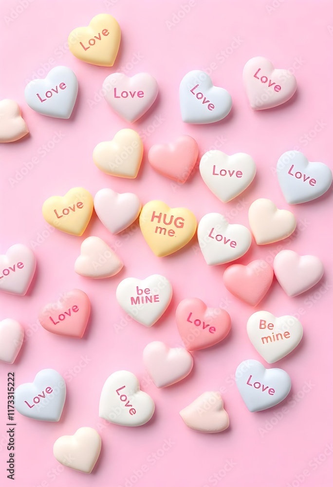 Pale Pink Background with Pastel Candy Hearts and Sweet Phrases Pale Pink Background with Pastel Candy Hearts and Sweet Phrases