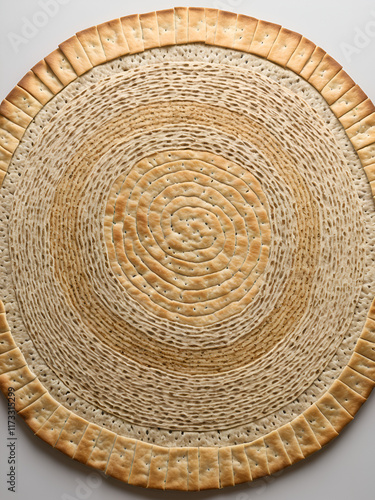 Traditional unleavened matzah bread displayed in an artistic arrangement. photo