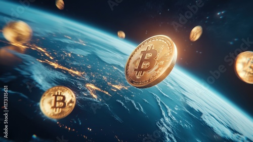 Giant digital coins hovering over continents as economic symbols,World Economy 2025,monetary system transformation