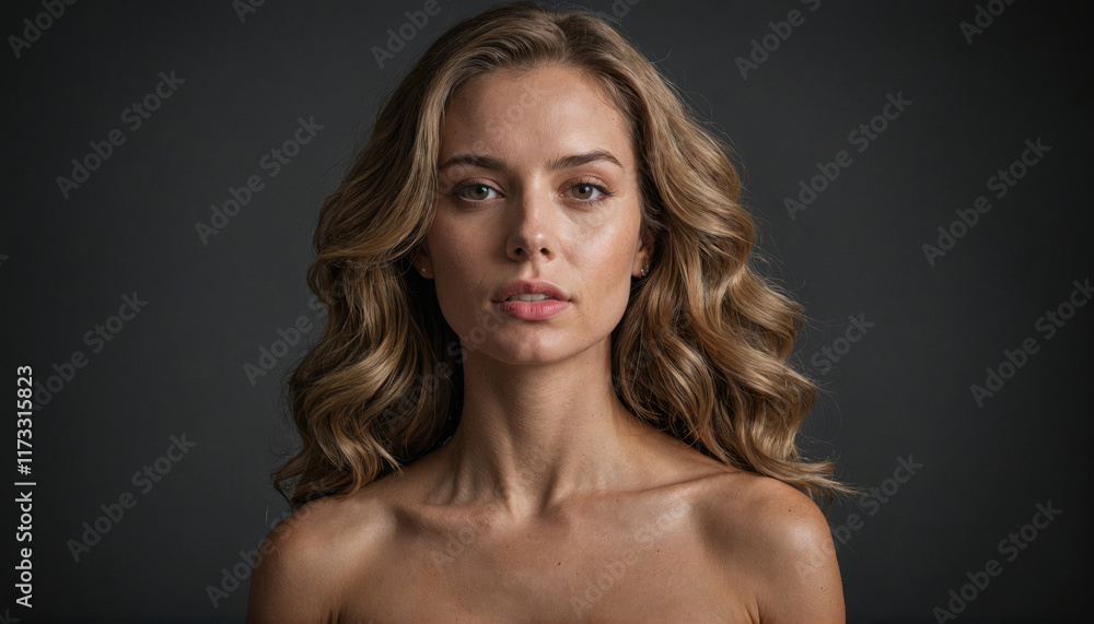 Woman with wavy hair poses in a minimalist studio setting against a dark background Woman with wavy hair poses in a minimalist studio setting against a dark background
