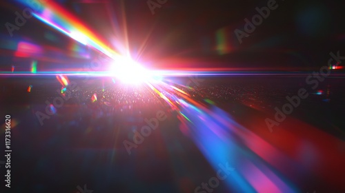 A bright light is shining on a dark background, creating a colorful