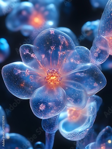 Luminous glass flowers glowing in dark.