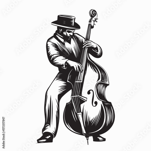 Contrabassist player playing jazz music image vector illustration isolated on white background.
