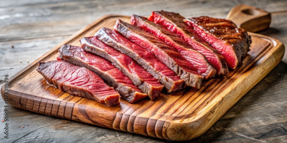 Rarely cooked beef ribeye steak sliced into thin strips on a wooden cutting board, revealing its marbled interior and rich red color, marbled meat, tender steak