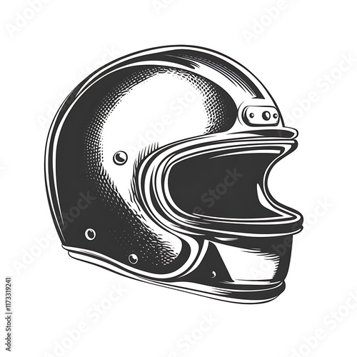 Monochrome sketch of a full-face vintage motorcycle helmet. photo