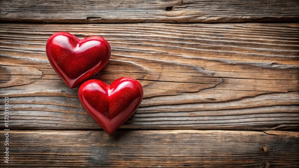 A pair of intertwined red hearts resting on a wooden background with subtle cracks and wear , romantic, warmth, romantic A pair of intertwined red hearts resting on a wooden background with subtle cracks and wear , romantic, warmth, romantic