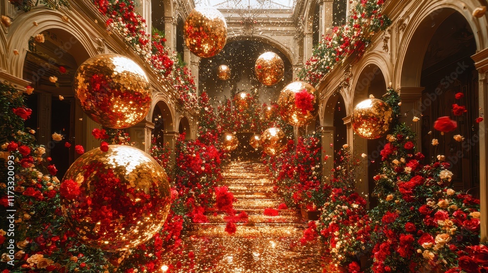 Fototapeta premium A celestial garden floating in the sky, filled with glowing flowers and cascading streams of golden water. Floating orbs of light drift lazily through the air, adding to the dreamlike quality