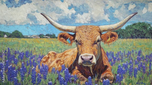 Texas Longhorn cow in spring in a field of bluebonnets