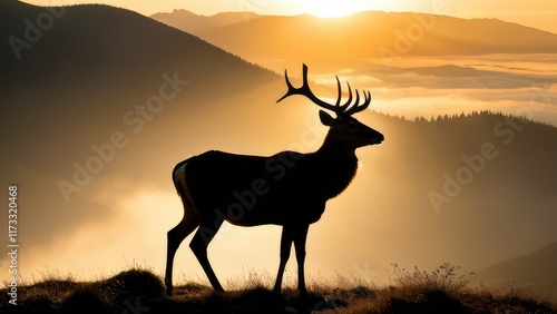 A majestic deer standing on a misty mountaintop at sunrise, with the early morning sun directly behind it, creating a dramatic silhouette photo