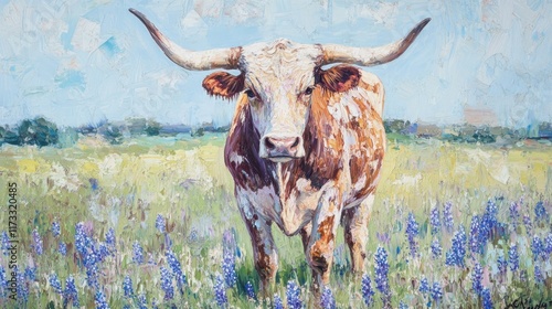 Texas Longhorn cow in spring