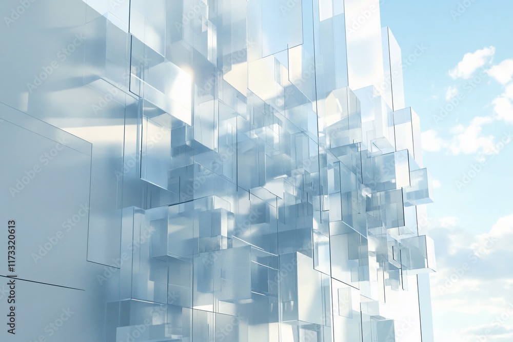Abstract geometric structure of translucent cubes against a bright sky. Abstract geometric structure of translucent cubes against a bright sky.