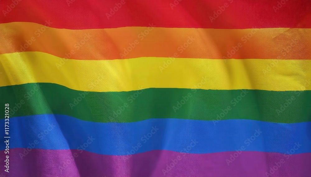 Fototapeta premium Vibrant Pride Flag with Six Rainbow Stripes Symbolizing LGBTQIA+ Unity, Diversity, Inclusivity, and Rights Against a Textured Fabric Background