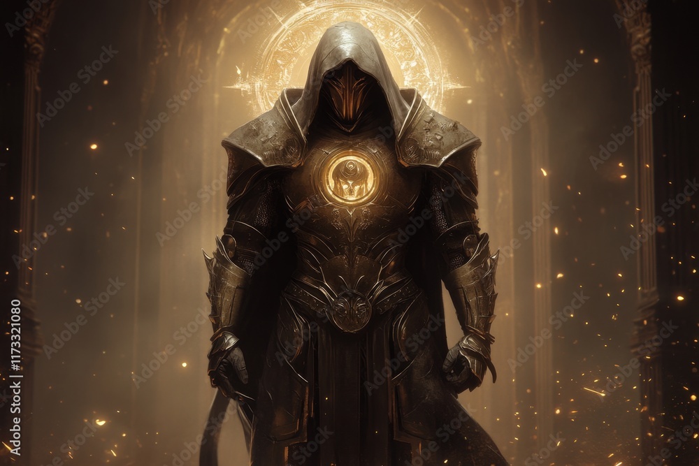 Fototapeta premium A vibrant digital illustration of a knight in golden armor standing in a radiant temple