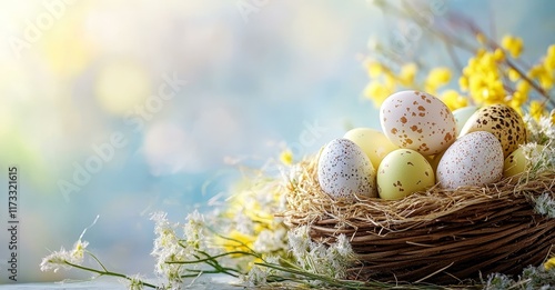 Easter Eggs in a Nest with Spring Flowers