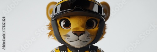 Close-up of a cute cartoon lion wearing a racing helmet. photo