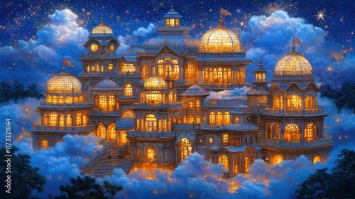 A celestial palace built entirely of glowing glass, floating above a sea of golden mist. Its towers rise toward a sky filled with swirling galaxies, while streams of light flow gracefully from 