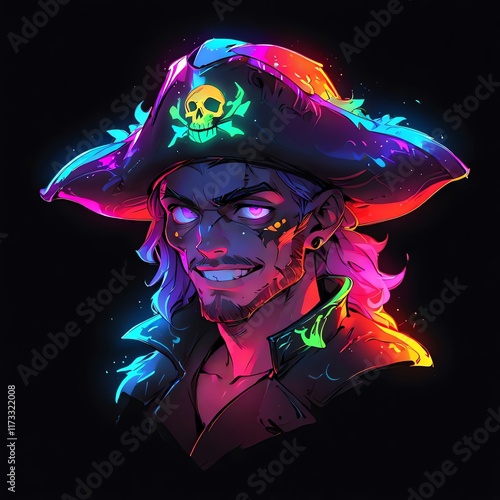 Neon Pirate Captain: A vibrant digital portrait of a swashbuckling rogue with glowing colors and intricate details. photo