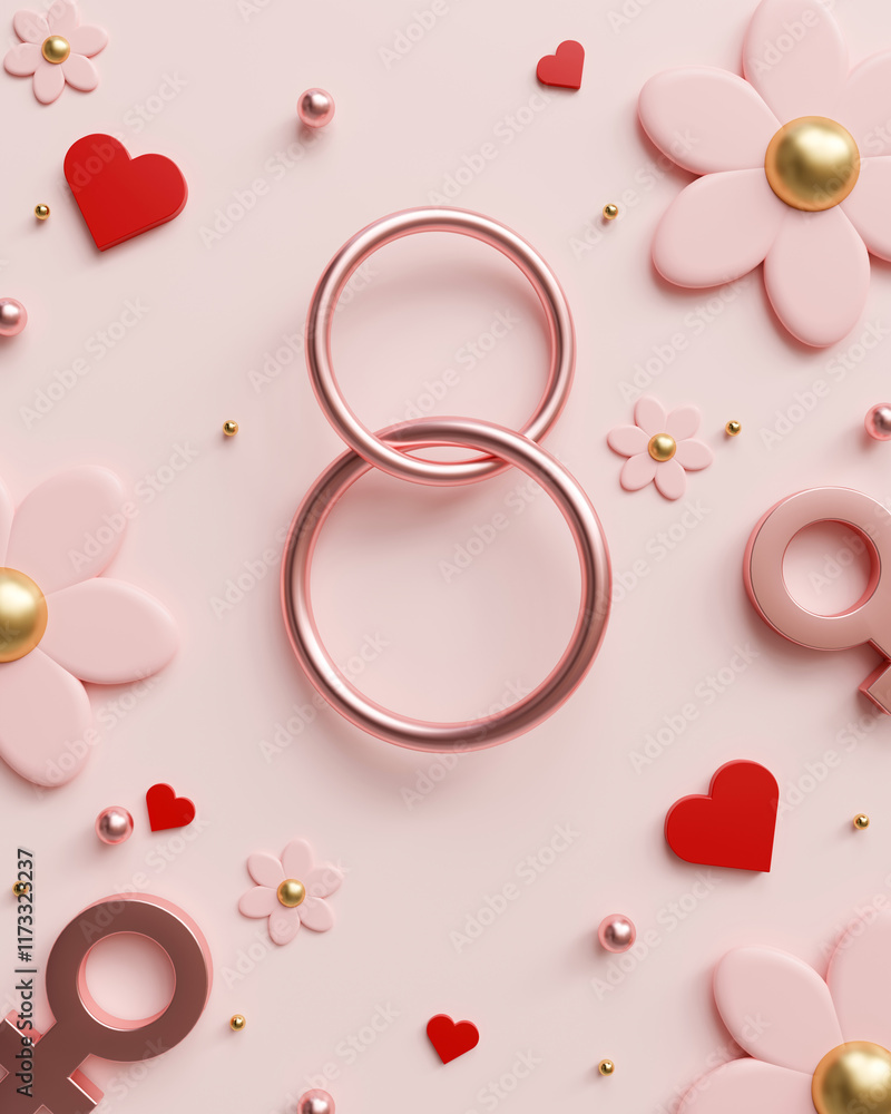 eight number text ,women sign , heart, and flower on pink background, with copy space, Women day poster or banner.Greetings and presents for love or Women day concept. 3d render eight number text ,women sign , heart, and flower on pink background, with copy space, Women day poster or banner.Greetings and presents for love or Women day concept. 3d render