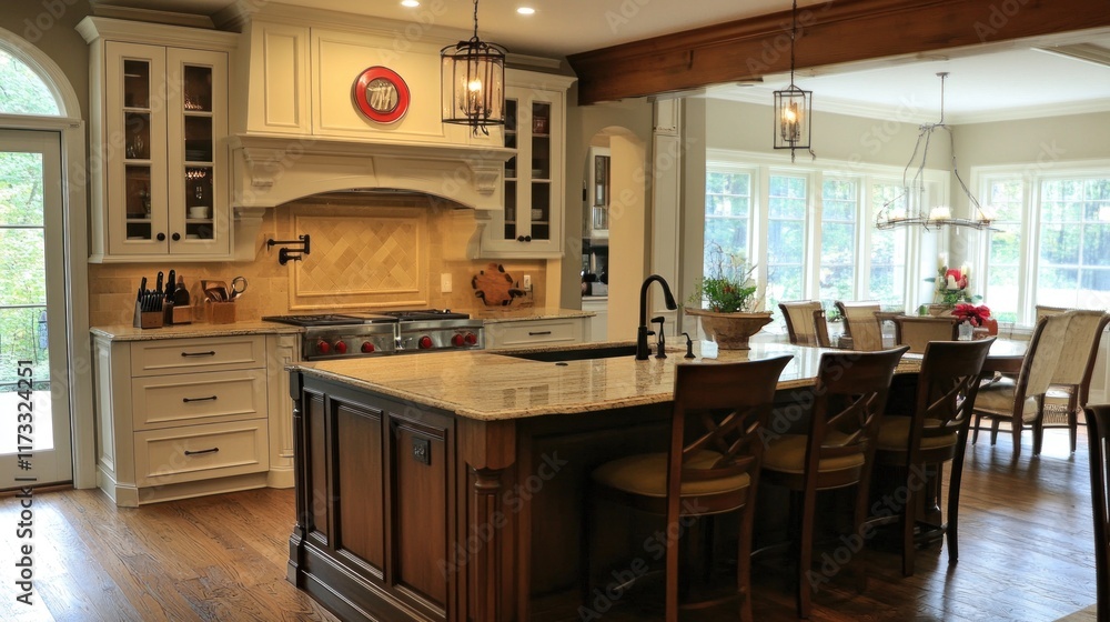 Modern kitchen with an island, dining area, and natural light. Modern kitchen with an island, dining area, and natural light.