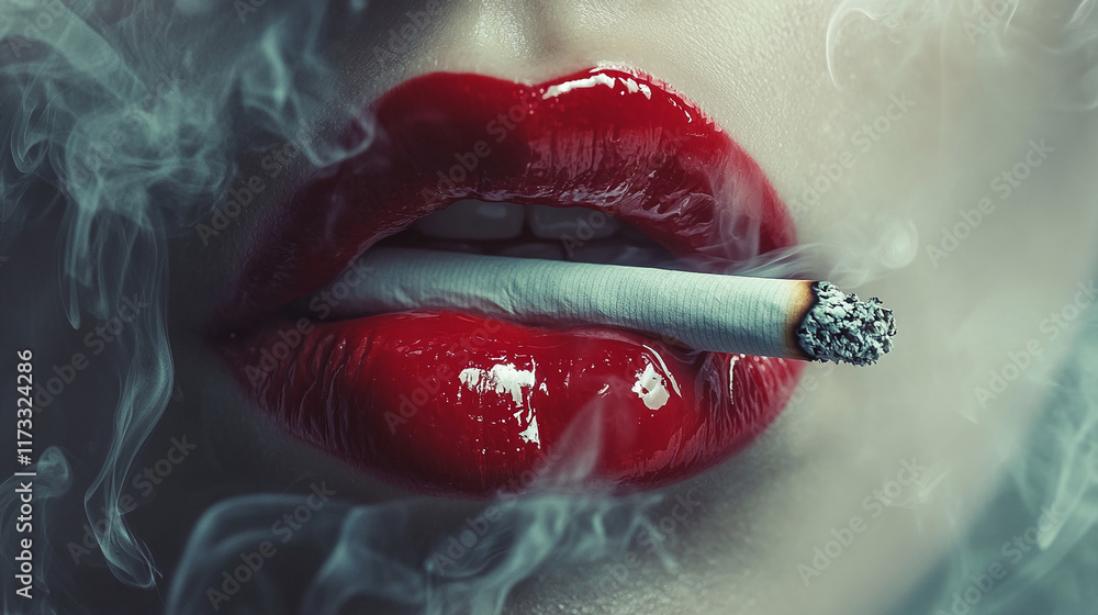 Fototapeta premium Close-up of red lips with a cigarette and smoke