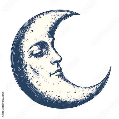 Half moon with a human face illustration.