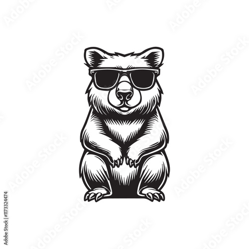 Cute baby Wombat sitting wearing sunglass illustration vector, Wombat clipart Design, Funny Wombat Design
