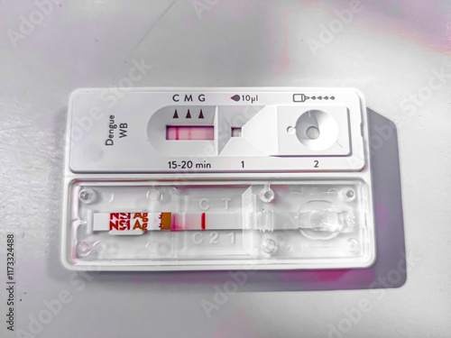 Combo rapid test cassette or kit for Dengue antibody IgG, IgM and NS1Ag, antigen test. Showing result positive photo