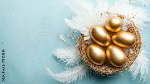 Golden Eggs in a Nest with Feathers
